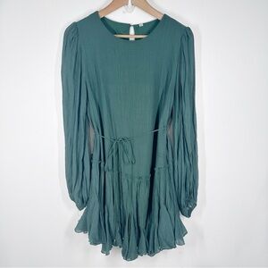 Women’s Dark Green Long Sleeve Dress Size Large Belt Ruffle Mini